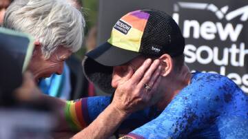 Sam Appleton celebrates his Ironman Australia victory with his mum, who resides in Port Macquarie. Picture by Ruby Pascoe